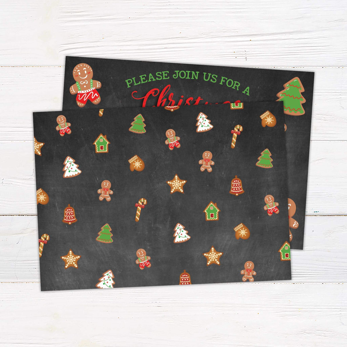 A holiday cookie decorating party invitation with playful gingerbread and Christmas tree cookie illustrations. The text highlights the date, time, location, and mentions that lunch will be served. - back side.