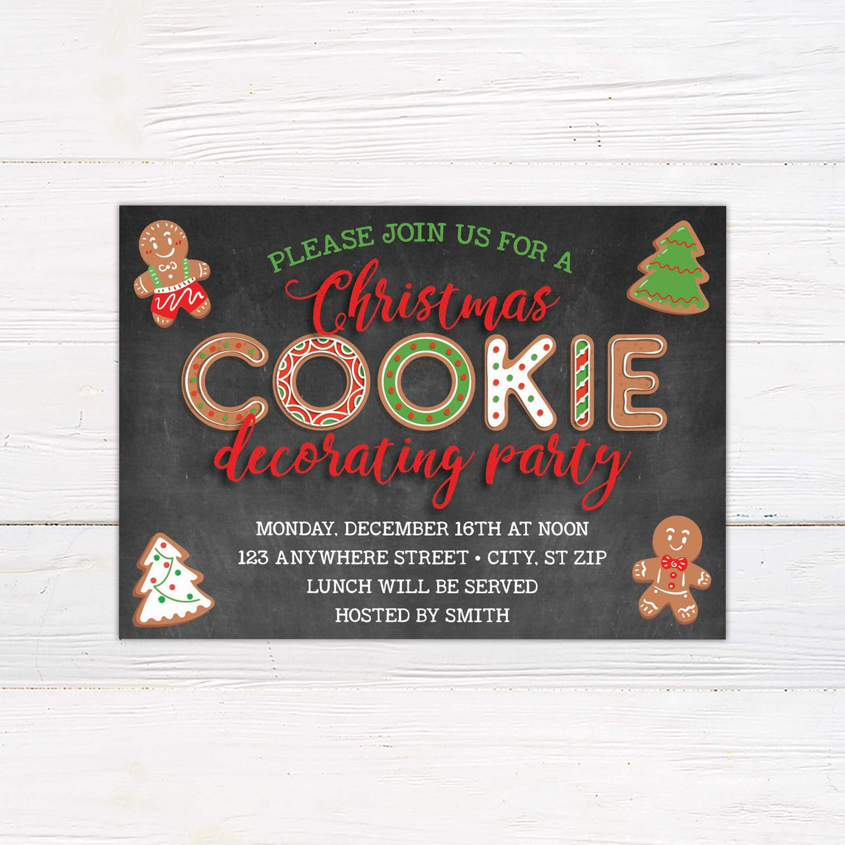 A holiday cookie decorating party invitation with playful gingerbread and Christmas tree cookie illustrations. The text highlights the date, time, location, and mentions that lunch will be served.