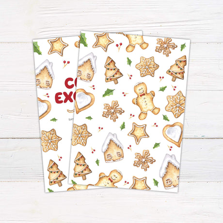Watercolor Christmas cookie exchange invitation with festive cookies, holly accents, and red lettering on a white background. back side