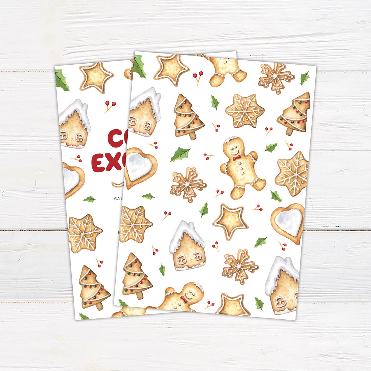 Watercolor Christmas cookie exchange invitation with festive cookies, holly accents, and red lettering on a white background. - back.