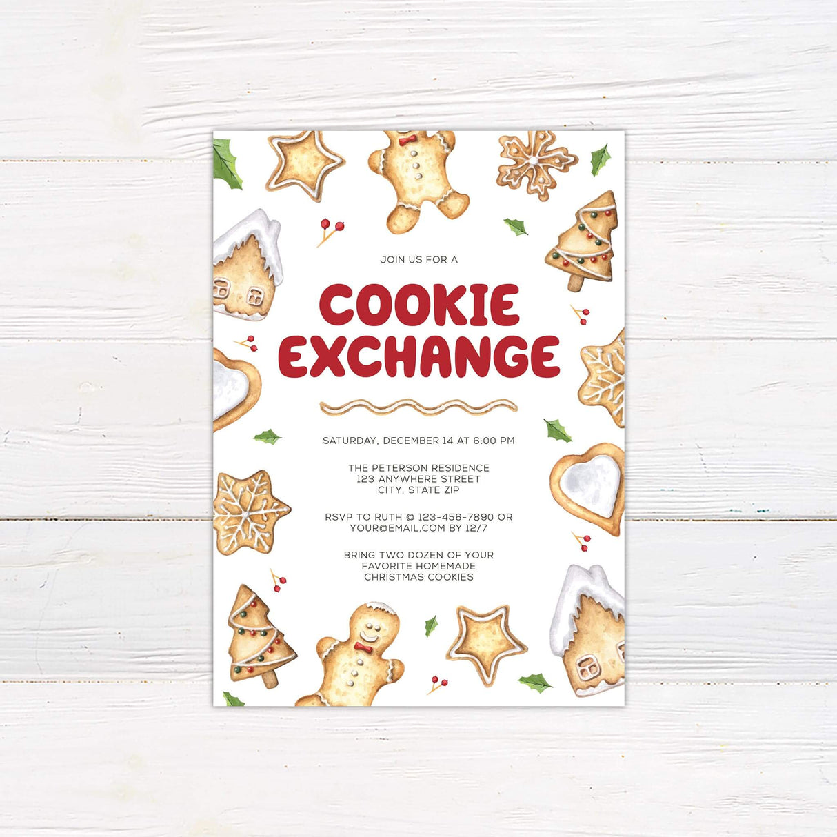 Watercolor Christmas cookie exchange invitation with festive cookies, holly accents, and red lettering on a white background.