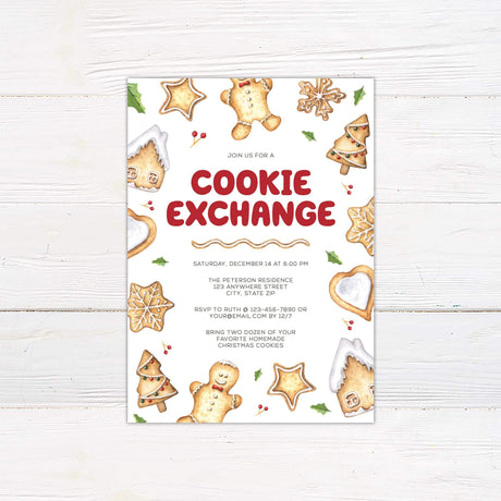 Watercolor Christmas cookie exchange invitation with festive cookies, holly accents, and red lettering on a white background.