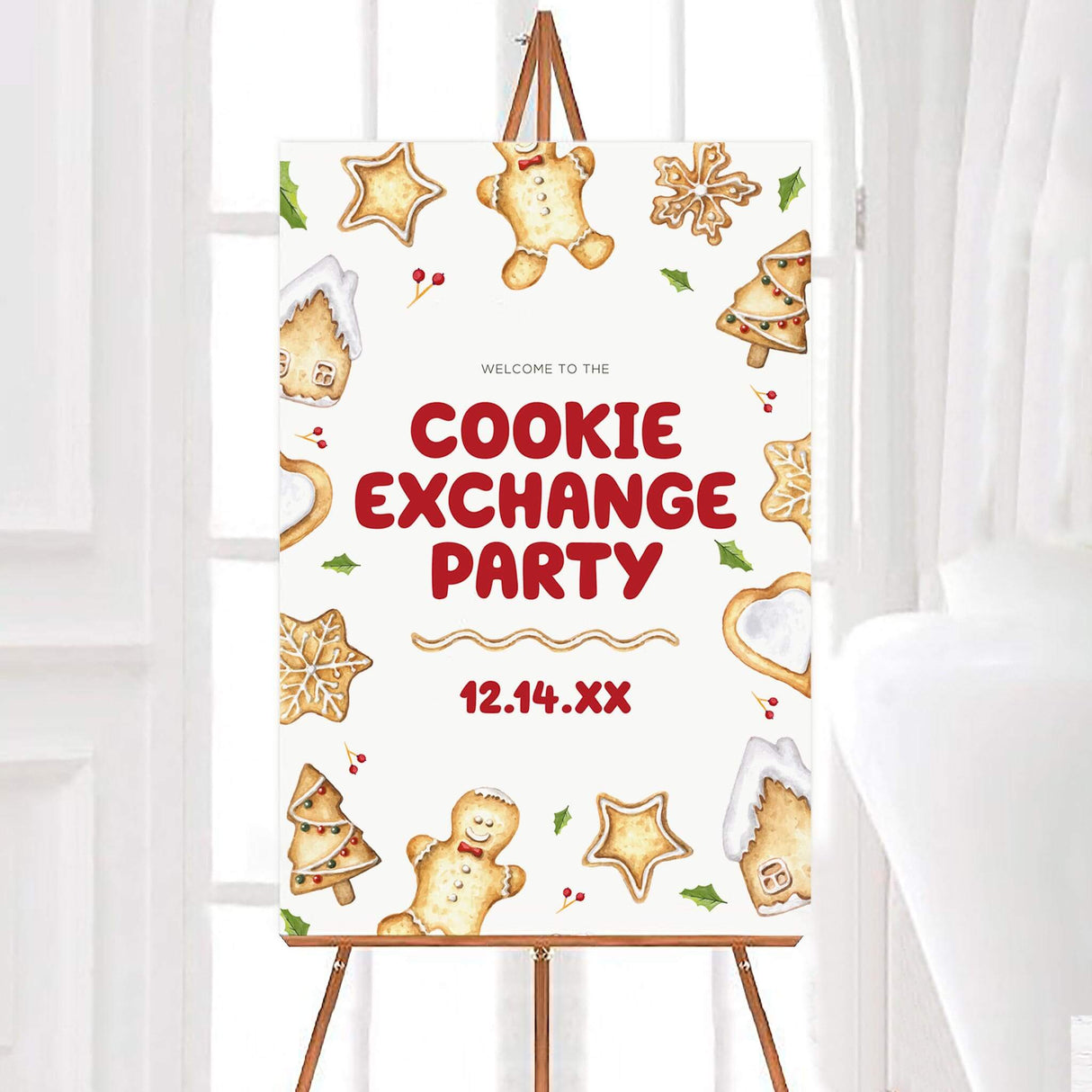 Watercolor Christmas cookie exchange invitation with festive cookies, holly accents, and red lettering on a white background. welcome sign