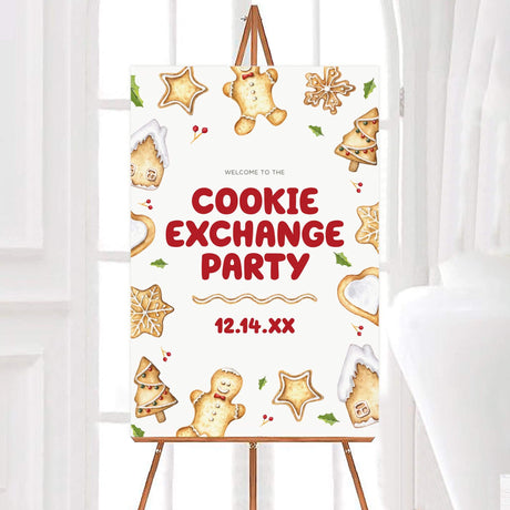 Watercolor Christmas cookie exchange invitation with festive cookies, holly accents, and red lettering on a white background. welcome sign