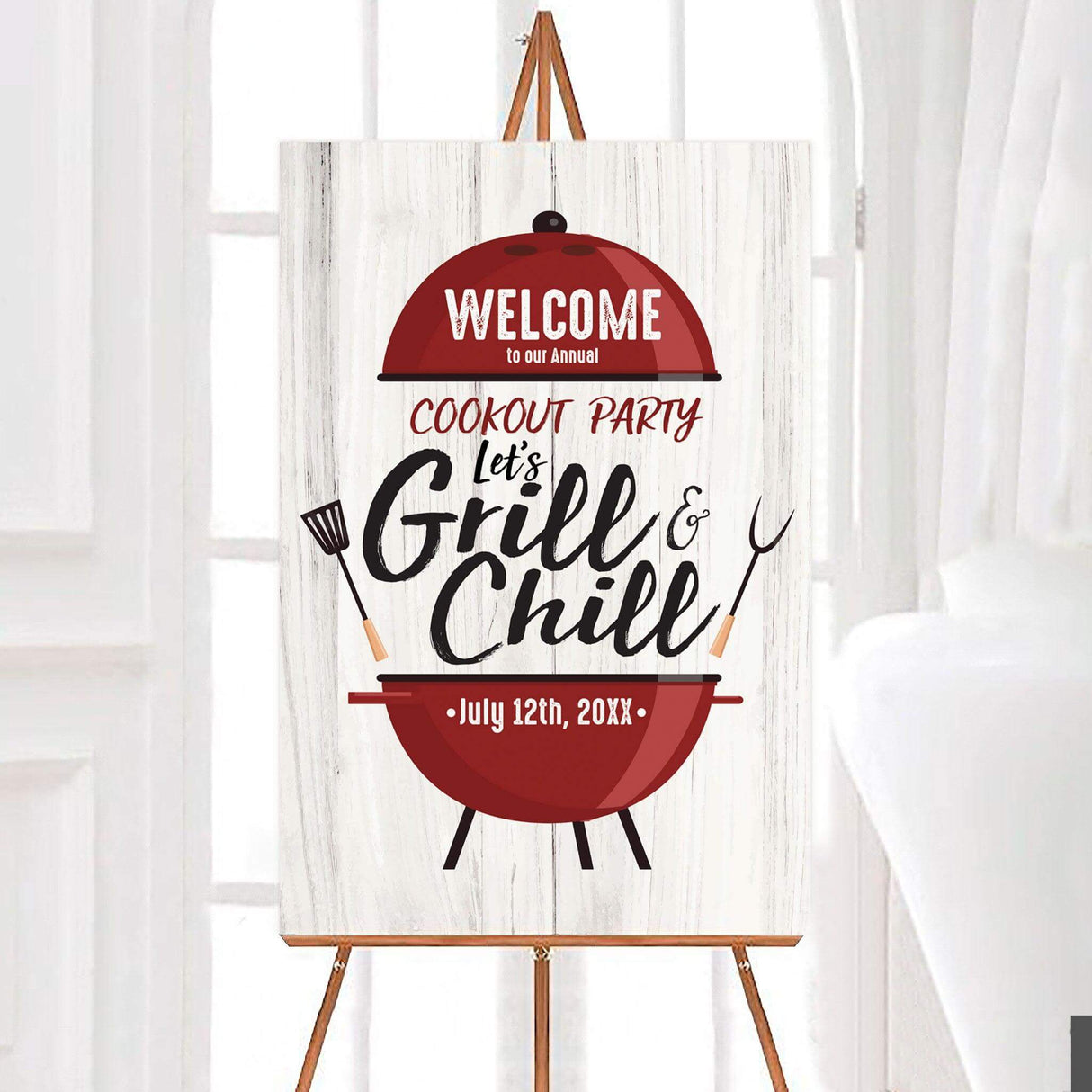 BBQ party sign with a red grill illustration, grilling utensils, and rustic wood background. Features "Grill & Chill" in bold script with event details below.