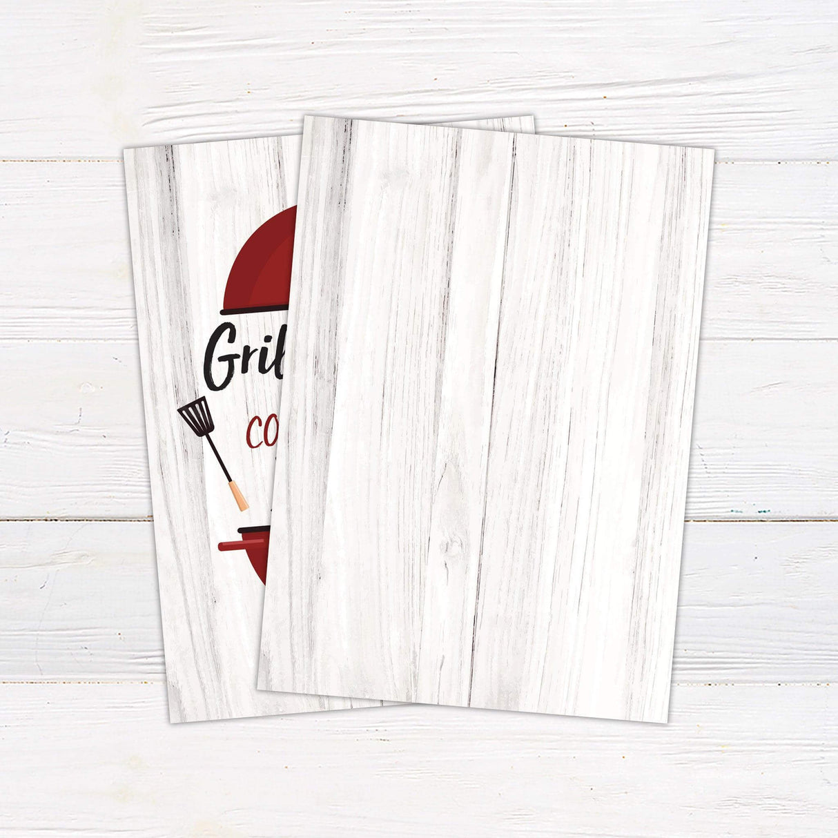 BBQ party invitation with a red grill illustration, grilling utensils, and rustic wood background. Features "Grill & Chill" in bold script with event details below. Back