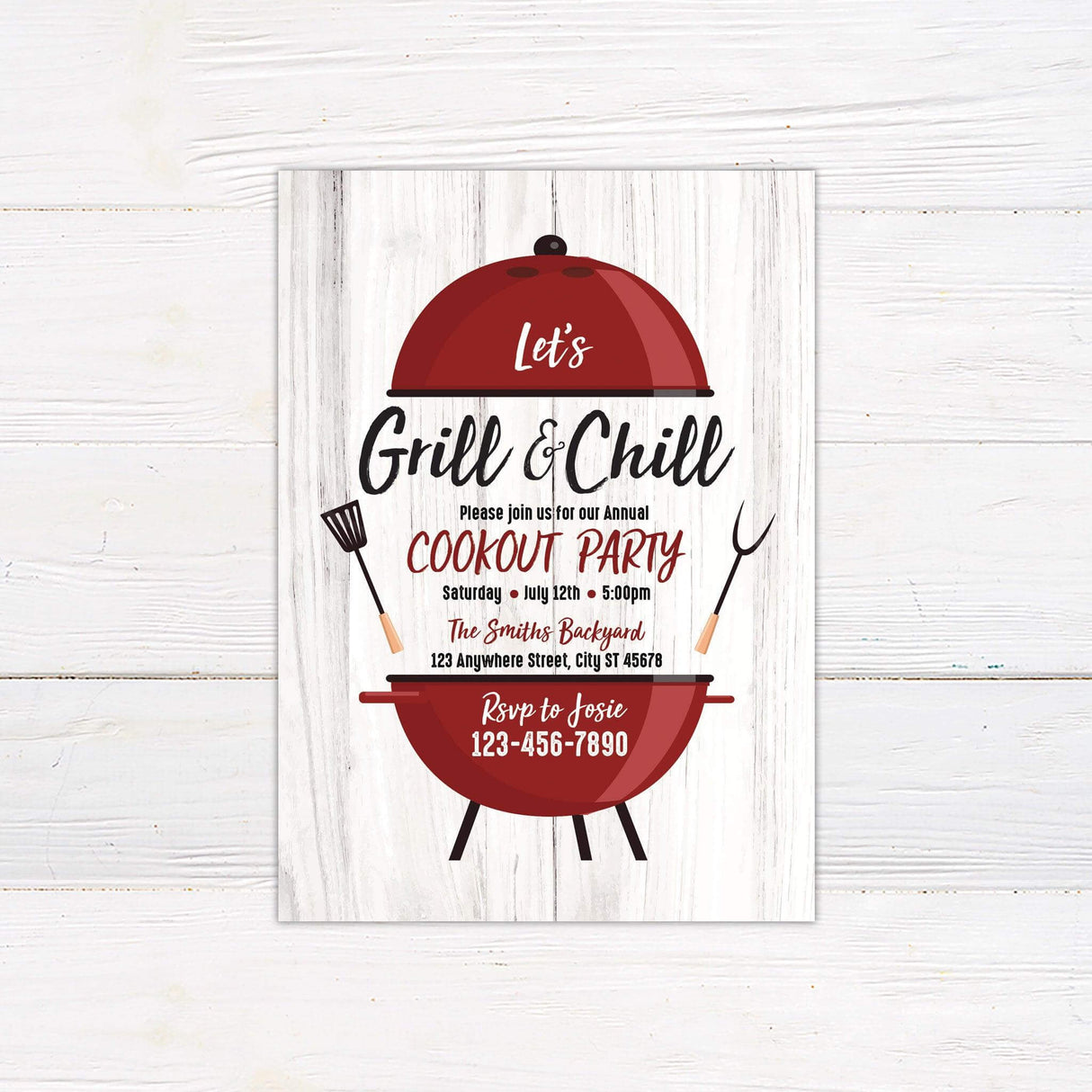 BBQ party invitation with a red grill illustration, grilling utensils, and rustic wood background. Features "Grill & Chill" in bold script with event details below.
