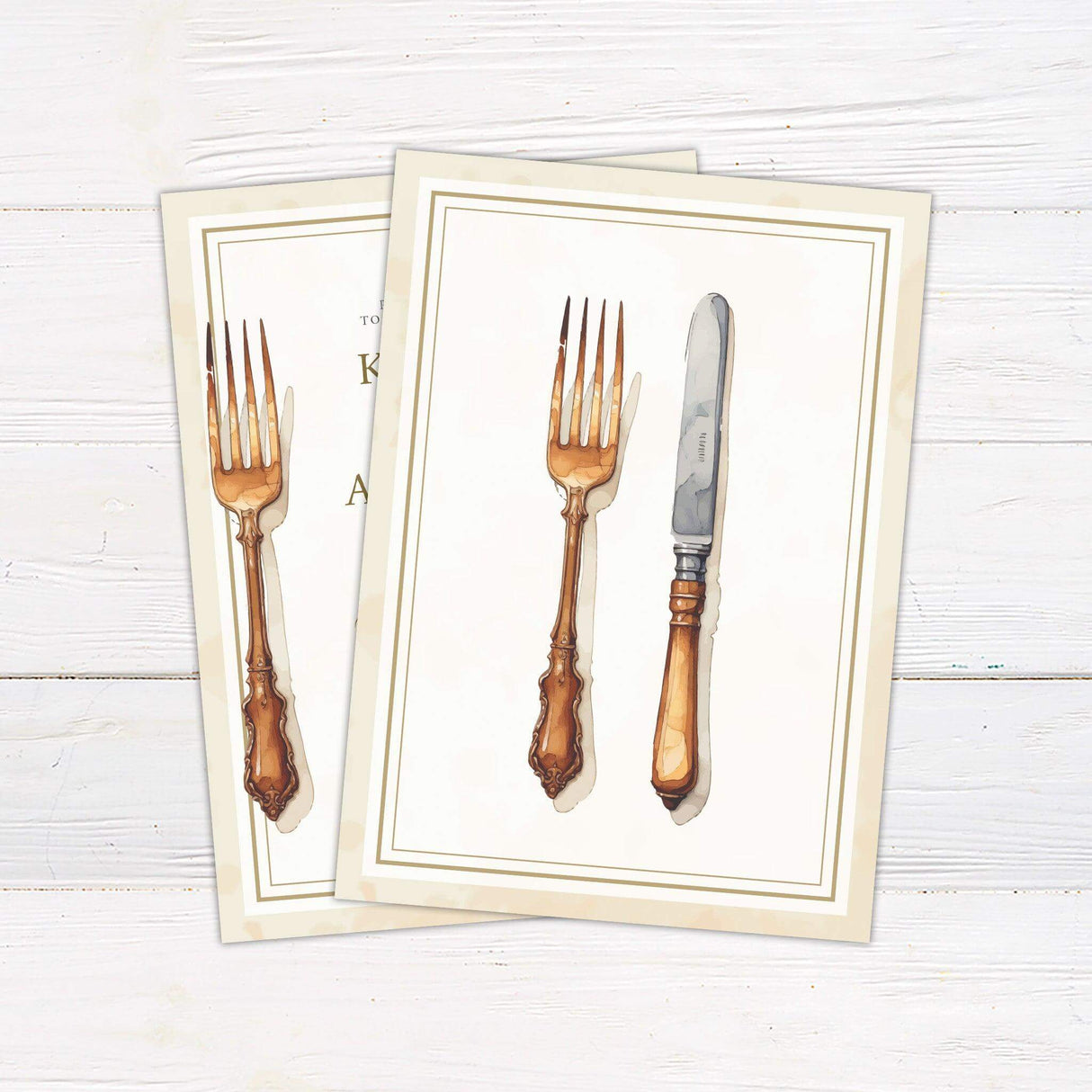 Printed rehearsal dinner invitation featuring watercolor illustrations of a vintage copper fork and knife on either side, with classic serif and script typography in gold and neutral tones. Professionally printed on white background. back