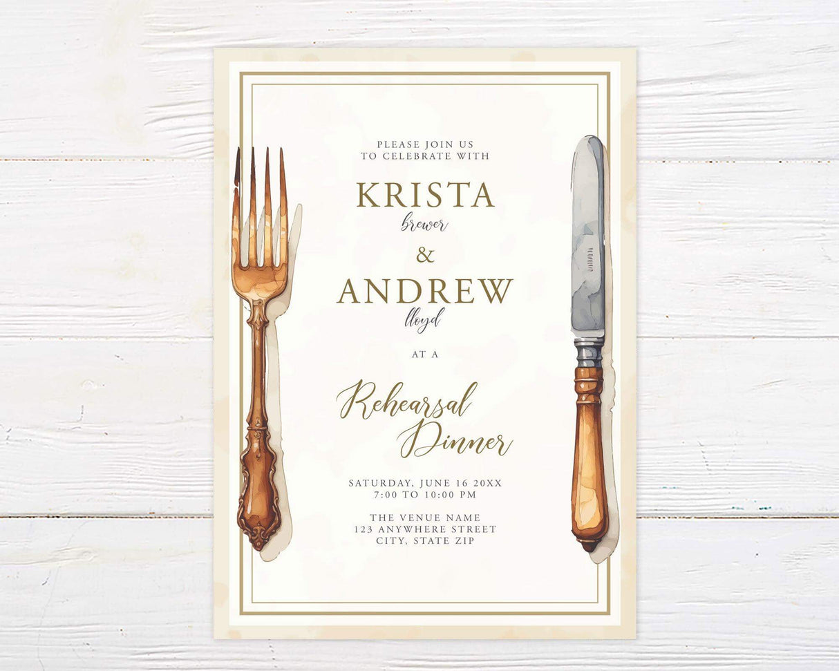 Printed rehearsal dinner invitation featuring watercolor illustrations of a vintage copper fork and knife on either side, with classic serif and script typography in gold and neutral tones. Professionally printed on white background.