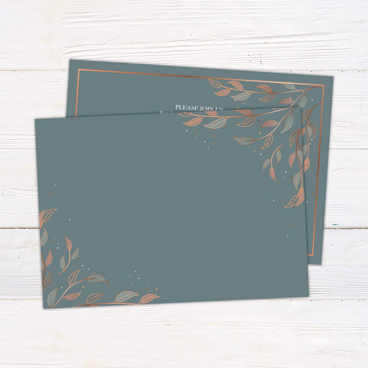 Teal wedding invitation with copper leaf illustrations, metallic border, romantic script typography, and botanical corner accents - back