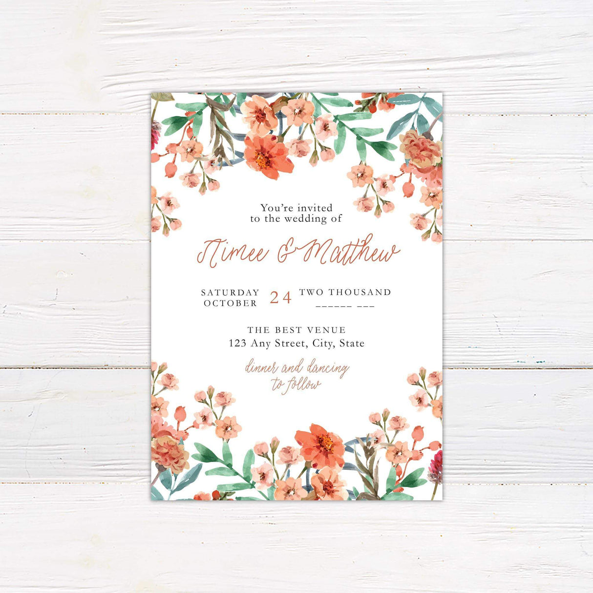 Wedding invitation with vibrant coral and peach watercolor floral border and elegant mix of script and serif fonts on a clean white background.