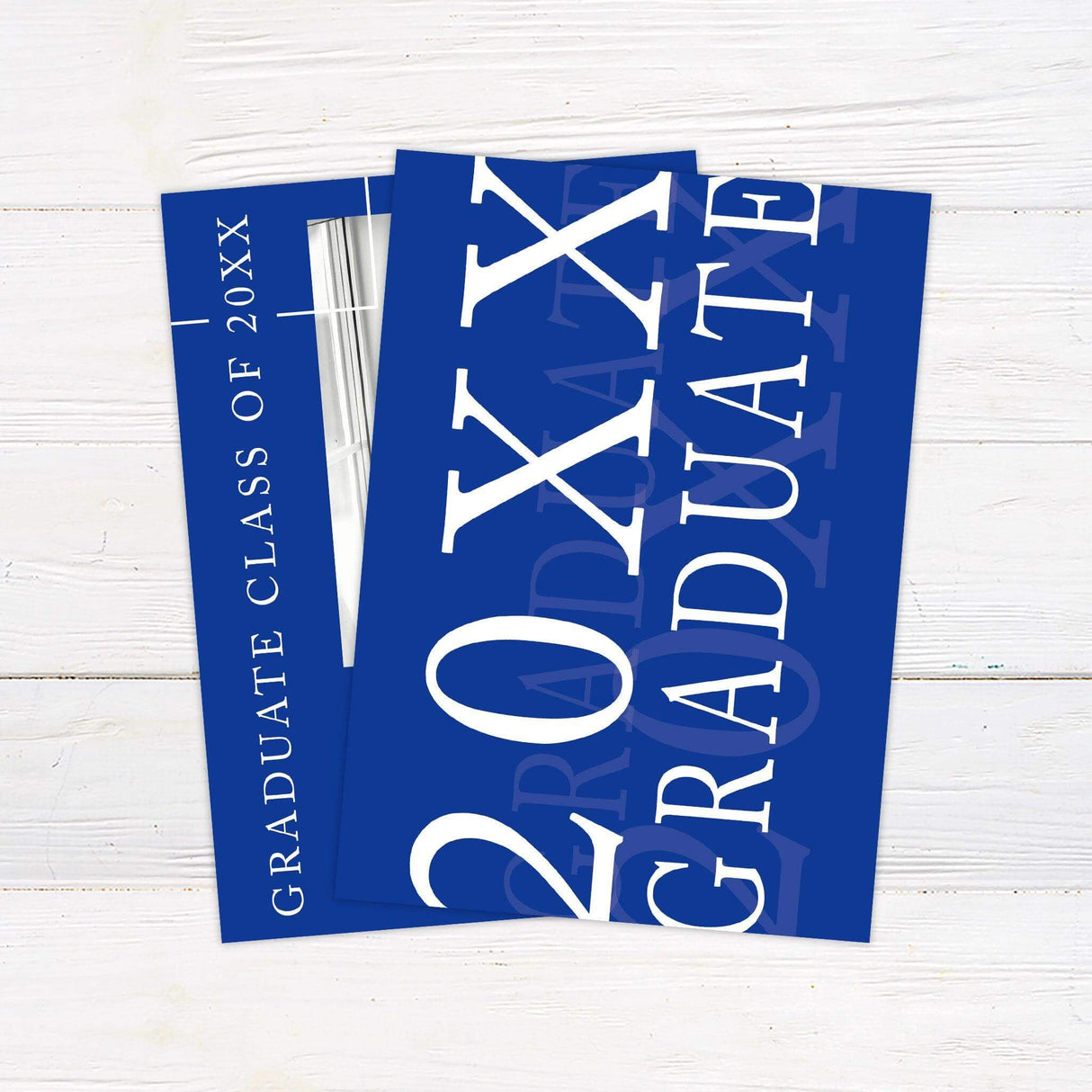 Elegant graduation invitation featuring a bold color block design with a customizable school color. The front includes a large photo with the graduate’s details, while the back showcases a large graduation year and the graduate.  Perfect for celebrating a special milestone with a modern, sophisticated layout.  Back Blue.