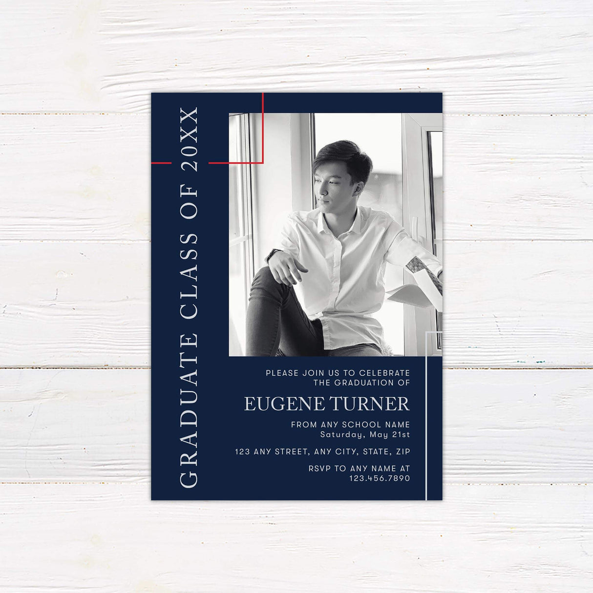 Elegant graduation invitation featuring a bold color block design with a customizable school color. The front includes a large photo with the graduate’s details, while the back showcases a large graduation year and the graduate.  Perfect for celebrating a special milestone with a modern, sophisticated layout.  Navy.
