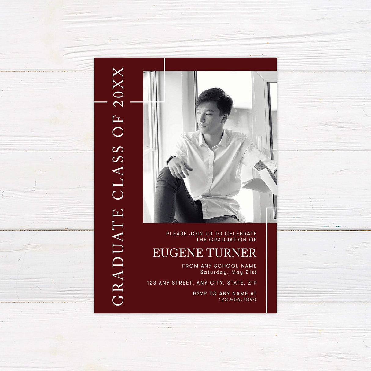 Elegant graduation invitation featuring a bold color block design with a customizable school color. The front includes a large photo with the graduate’s details, while the back showcases a large graduation year and the graduate.  Perfect for celebrating a special milestone with a modern, sophisticated layout.  Maroon.