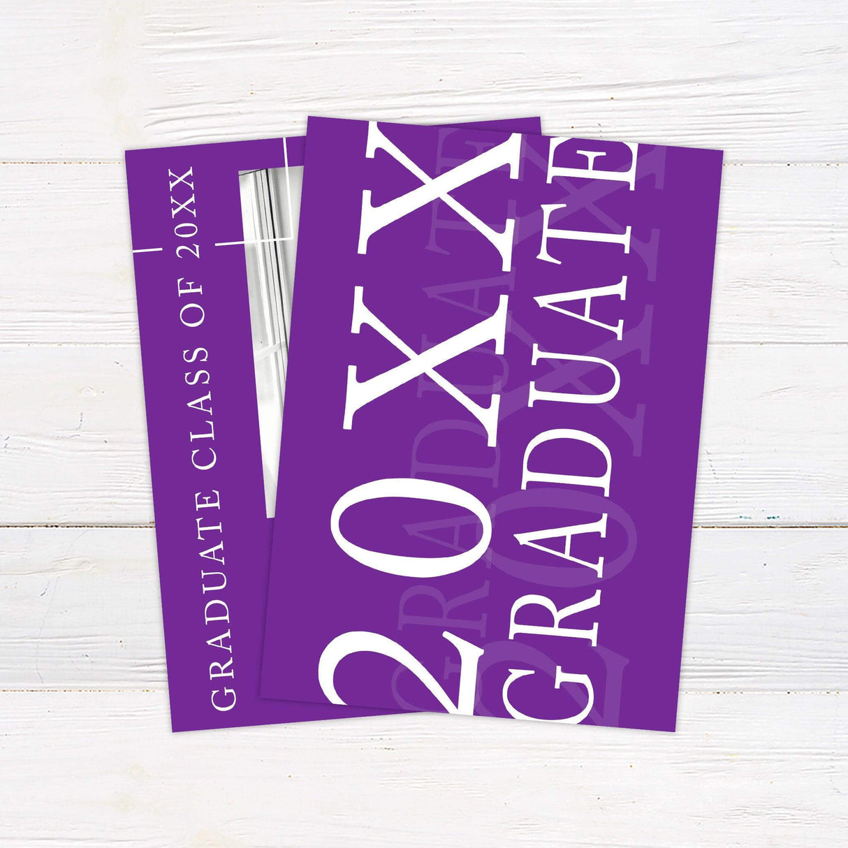 Elegant graduation invitation featuring a bold color block design with a customizable school color. The front includes a large photo with the graduate’s details, while the back showcases a large graduation year and the graduate.  Perfect for celebrating a special milestone with a modern, sophisticated layout.  Back.