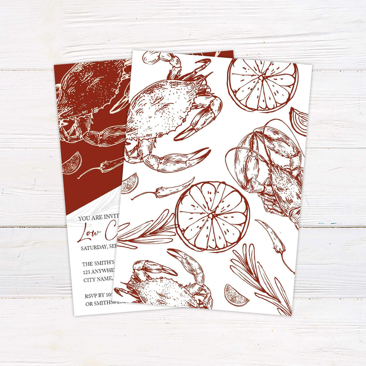 Low Country Boil invitation featuring a rustic red and white design with hand-drawn seafood illustrations, including a crab, lobster, lemon slices, and chili peppers. Elegant script and serif fonts display event details such as date, time, and location. The layout has a coastal and Southern-inspired feel, perfect for a seafood feast or casual gathering. Back.
