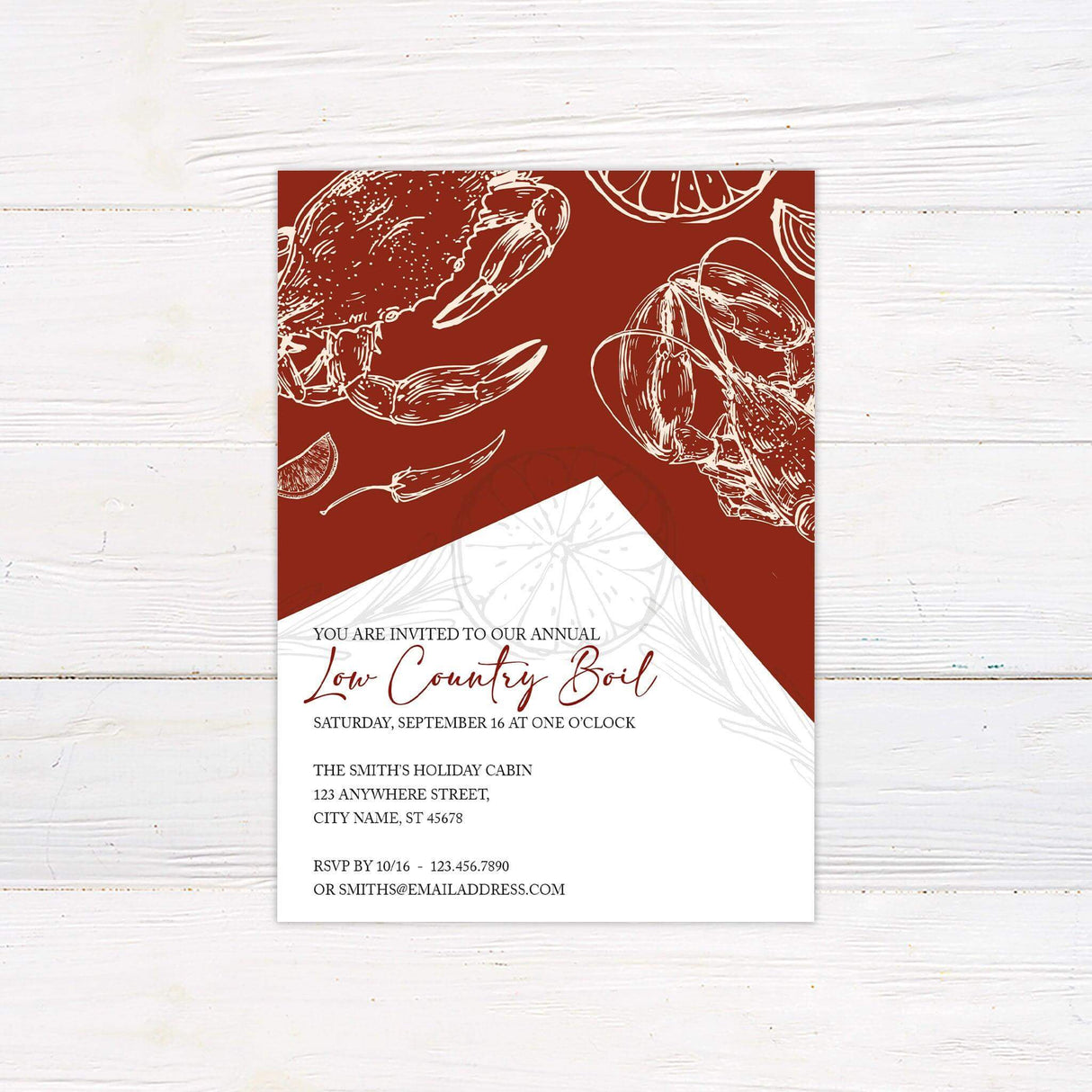 Low Country Boil invitation featuring a rustic red and white design with hand-drawn seafood illustrations, including a crab, lobster, lemon slices, and chili peppers. Elegant script and serif fonts display event details such as date, time, and location. The layout has a coastal and Southern-inspired feel, perfect for a seafood feast or casual gathering.