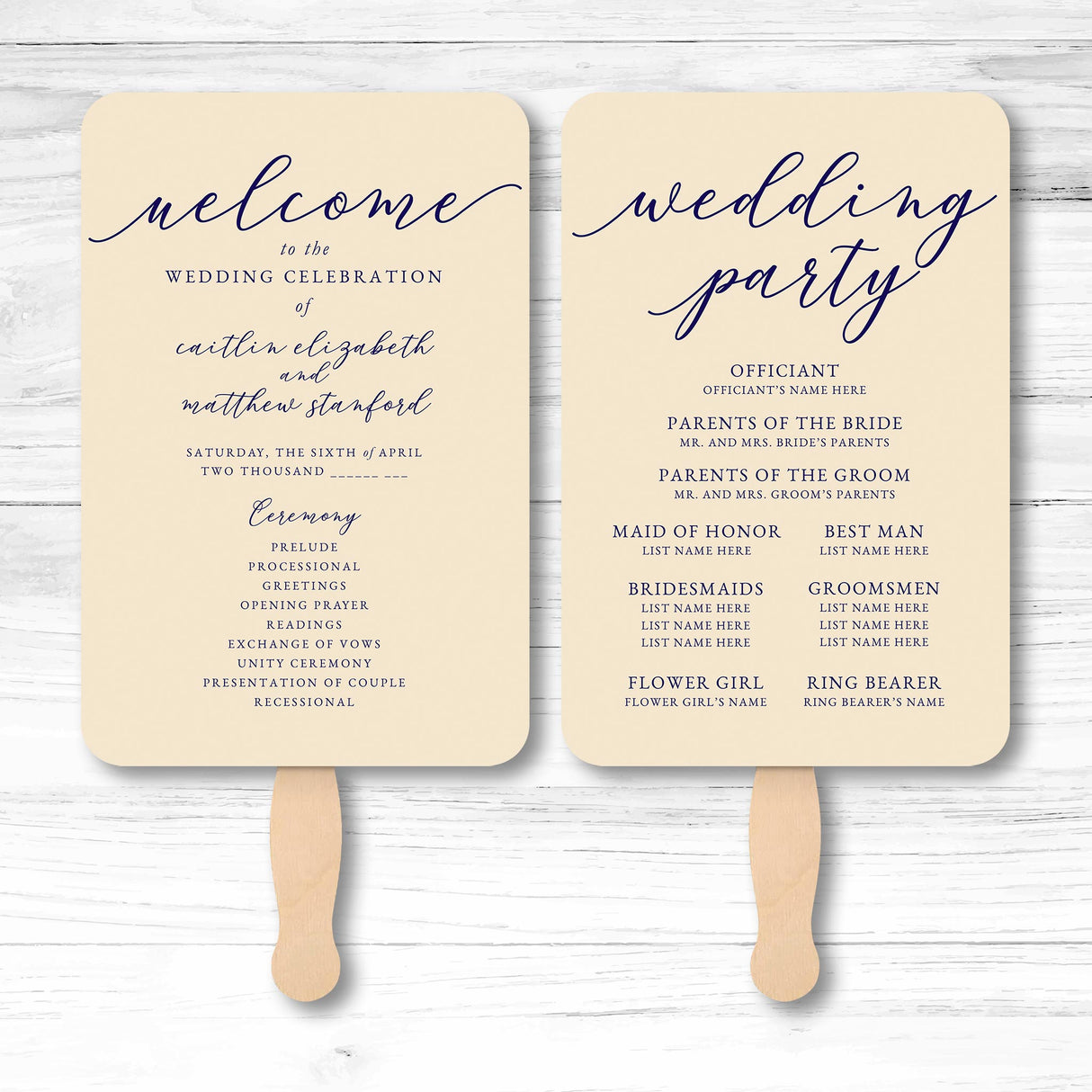 Elegant wedding or event program fans displaying ceremony details and wedding party roles on stylish paper fans.