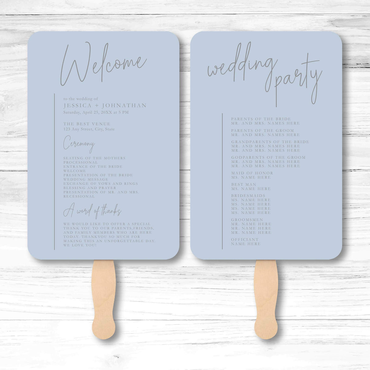 Minimalist wedding program fan with ceremony and wedding party details printed on both sides.