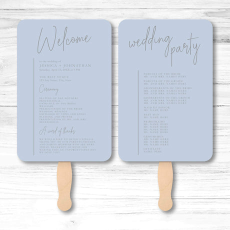 Minimalist wedding program fan with ceremony and wedding party details printed on both sides.