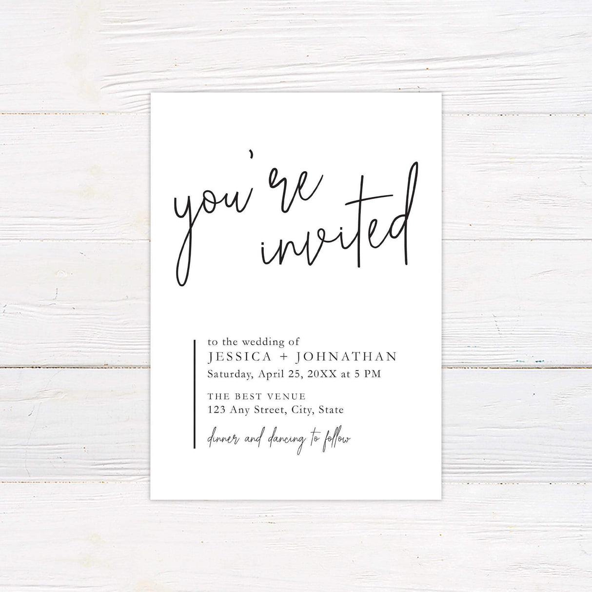 Minimalist wedding invitation with black handwritten script reading "you’re invited" on a white background with modern serif and calligraphy fonts