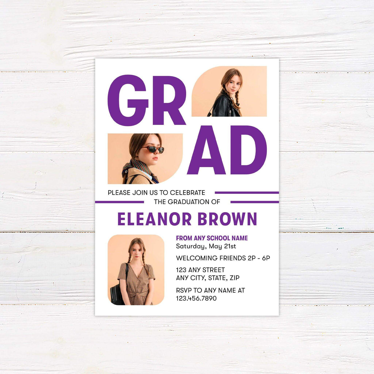 Bold and modern graduation invitation featuring large "GRAD" text integrated with photos. The invite layout includes the graduate's details below in a clean and stylish design. The color is customizable to match the graduate's school. The back of the invitation showcases the graduation year in a bold font for a striking finish. Purple.