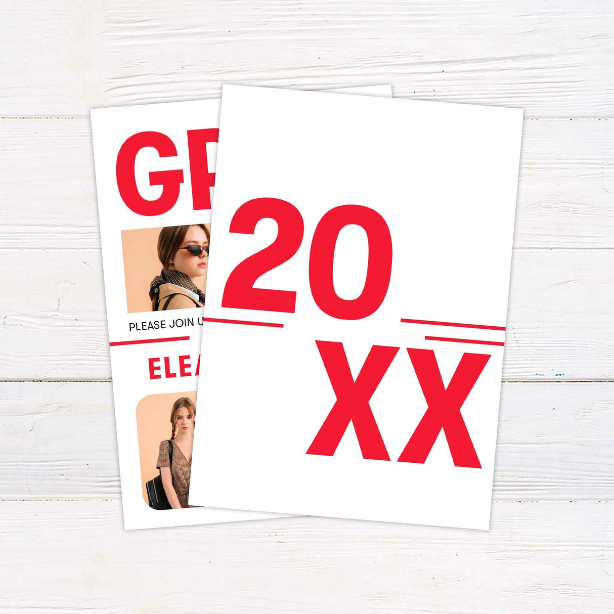 Bold and modern graduation invitation featuring large "GRAD" text integrated with photos. The invite layout includes the graduate's details below in a clean and stylish design. The color is customizable to match the graduate's school. The back of the invitation showcases the graduation year in a bold font for a striking finish. Back Red.