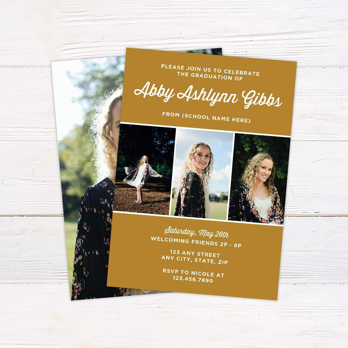 Modern graduation invitation featuring a customizable school color background with three graduate photos. The back includes a full-size portrait for a personal touch. Orange and White.