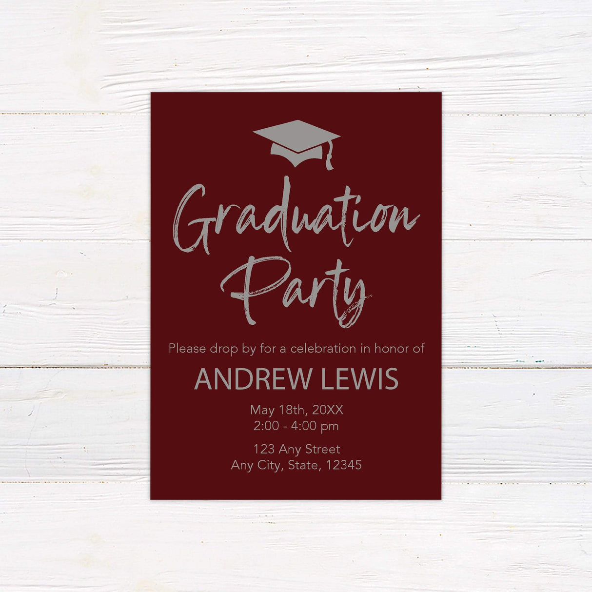 Custom printed graduation party invitation featuring an elegant mortarboard cap icon and stylish script typography, personalized with graduate's name, event date, time, and location. Available in custom colors, perfect for high school and college graduation celebrations. burgundy