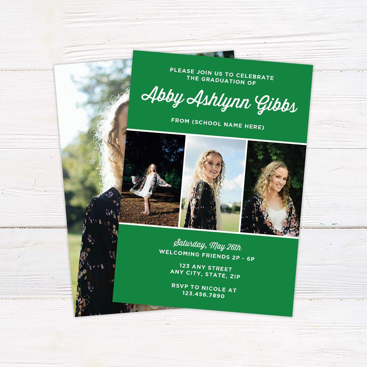 Modern graduation invitation featuring a customizable school color background with three graduate photos. The back includes a full-size portrait for a personal touch. Green and White.
