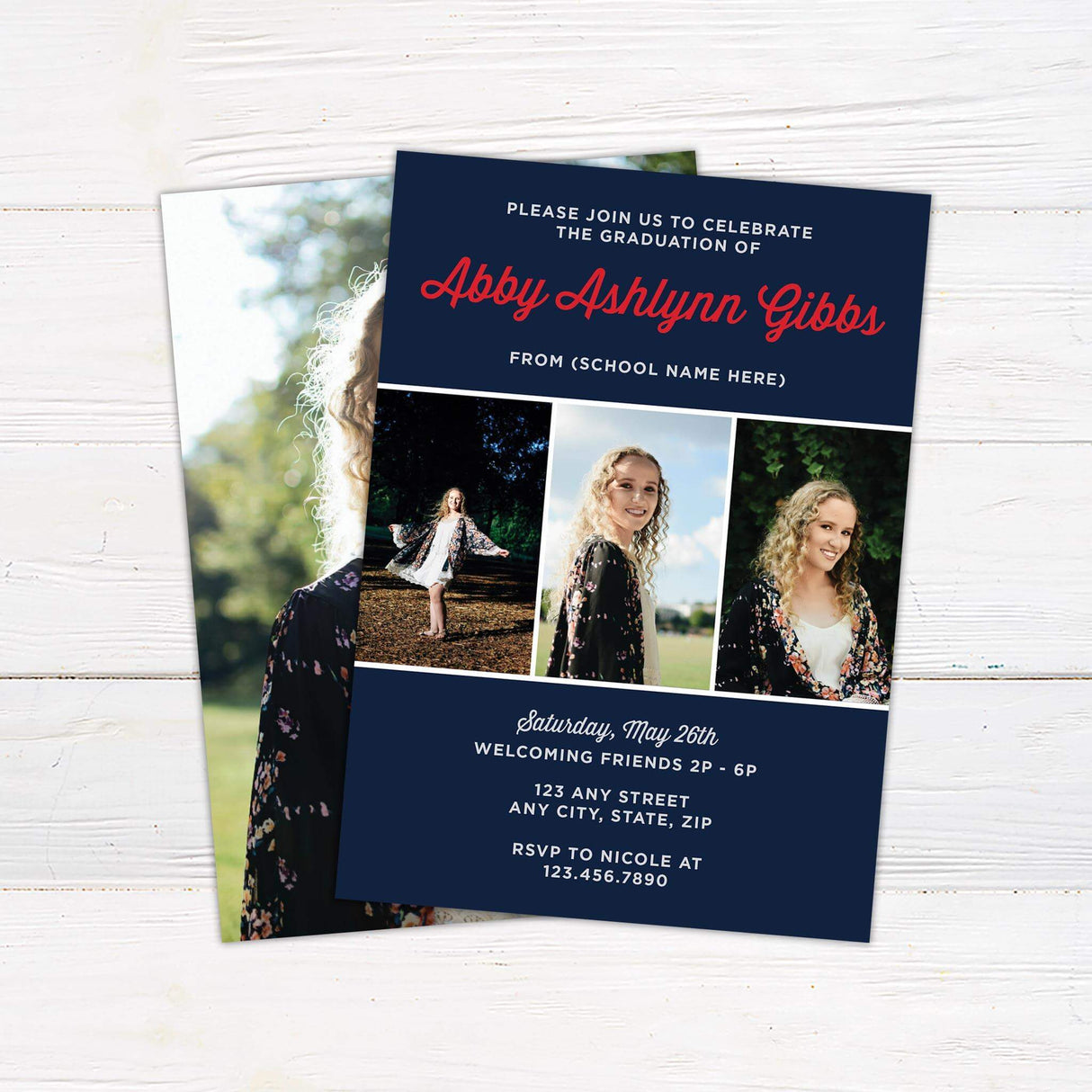 Modern graduation invitation featuring a customizable school color background with three graduate photos. The back includes a full-size portrait for a personal touch. Navy and Red.