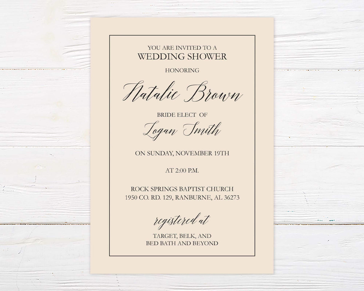 A custom color wedding shower invitation with elegant script text and a simple border. The design features a simple background and formal layout.