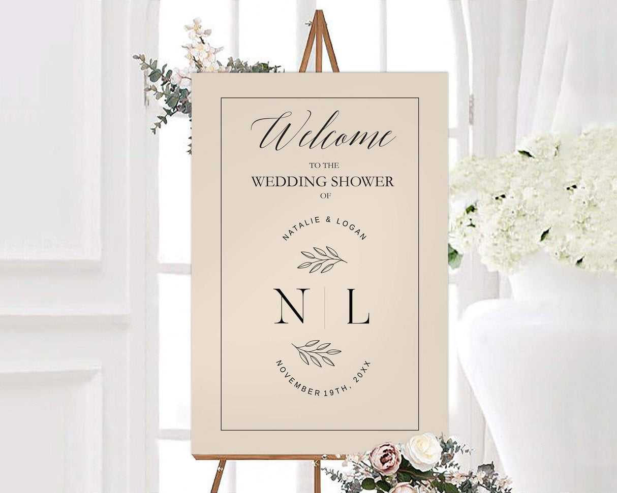 A custom color wedding shower sign with elegant script text and a simple border. The design features a simple background and formal layout.