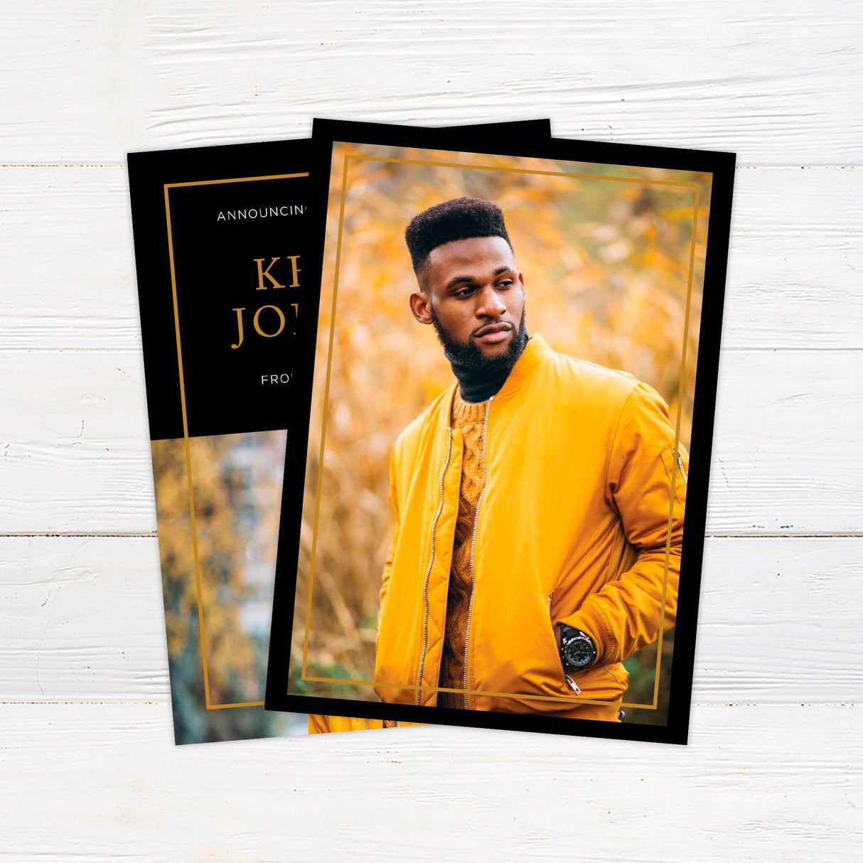 Graduation announcement with a modern split design featuring a bold color block on top with the graduate’s name and school details, and a large photo section below. The color scheme is customizable to match school colors. Back Black.