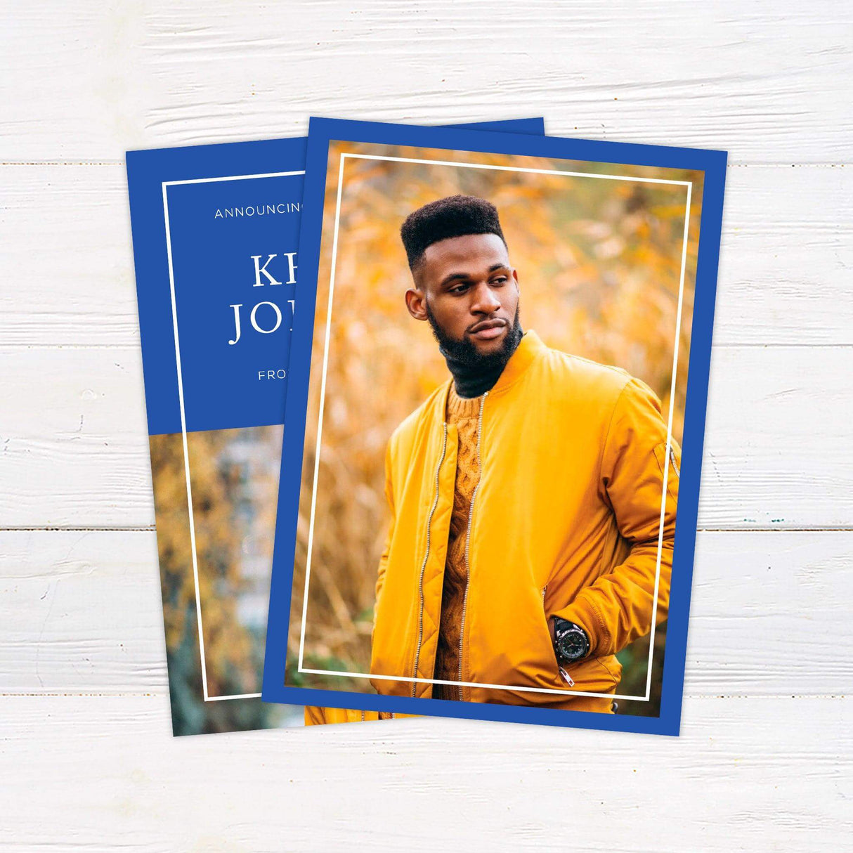 Graduation announcement with a modern split design featuring a bold color block on top with the graduate’s name and school details, and a large photo section below. The color scheme is customizable to match school colors. Back Blue.