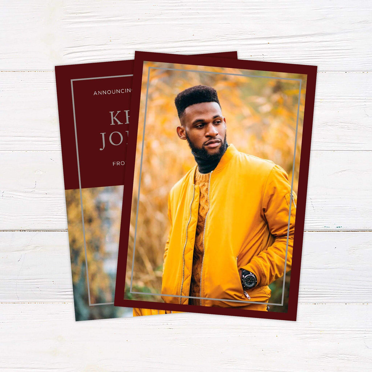 Graduation announcement with a modern split design featuring a bold color block on top with the graduate’s name and school details, and a large photo section below. The color scheme is customizable to match school colors. Back.