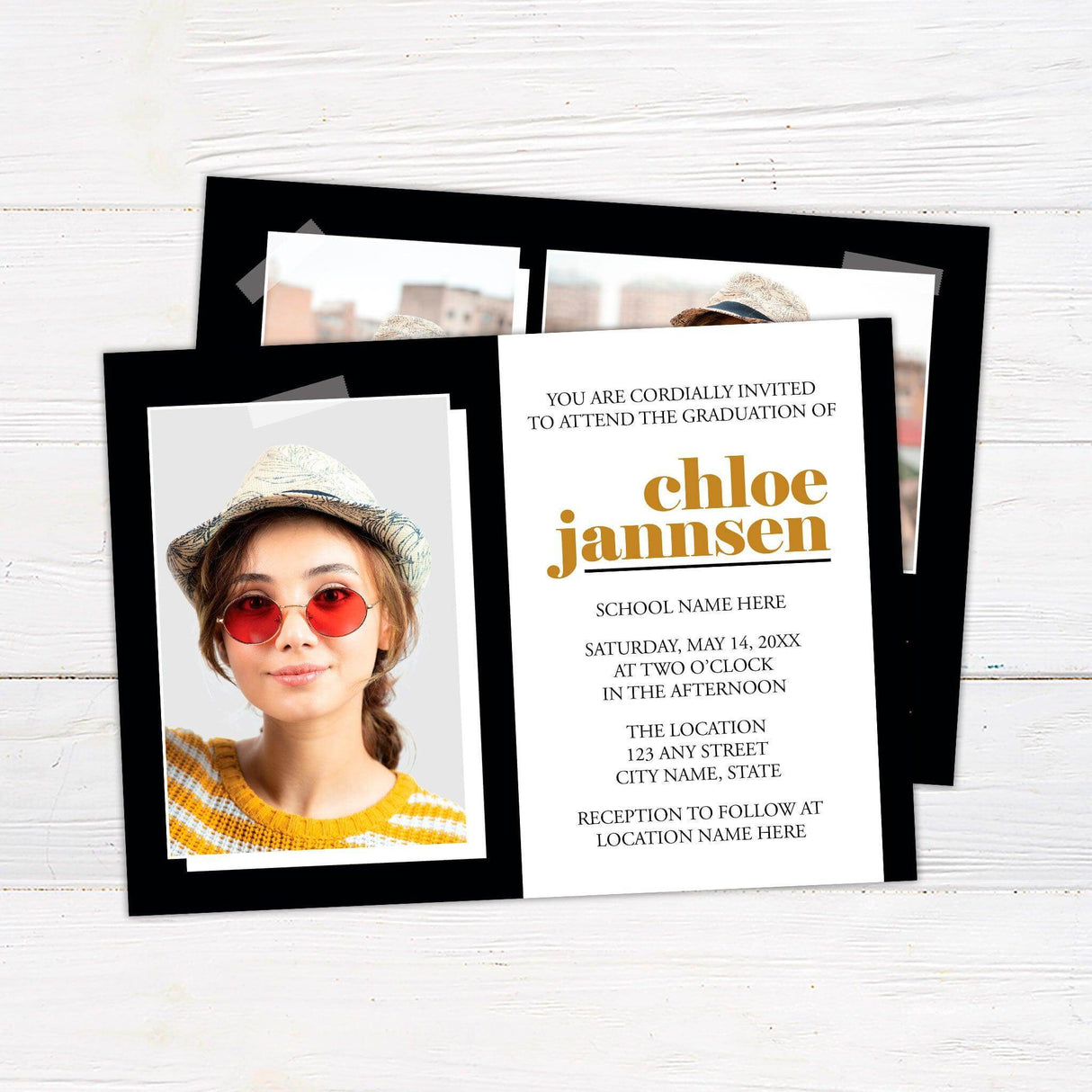 Custom graduation invitation with a modern color block design. The front features one photo on the left and graduation details on the right, with the graduate's name in bold lowercase letters. The back includes two additional photos in a color block layout with "Class of 2025" in the bottom right corner. Front Gold.