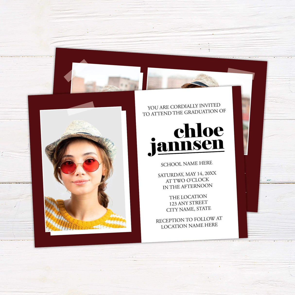 Custom graduation invitation with a modern color block design. The front features one photo on the left and graduation details on the right, with the graduate's name in bold lowercase letters. The back includes two additional photos in a color block layout with "Class of 2025" in the bottom right corner. Front Maroon.