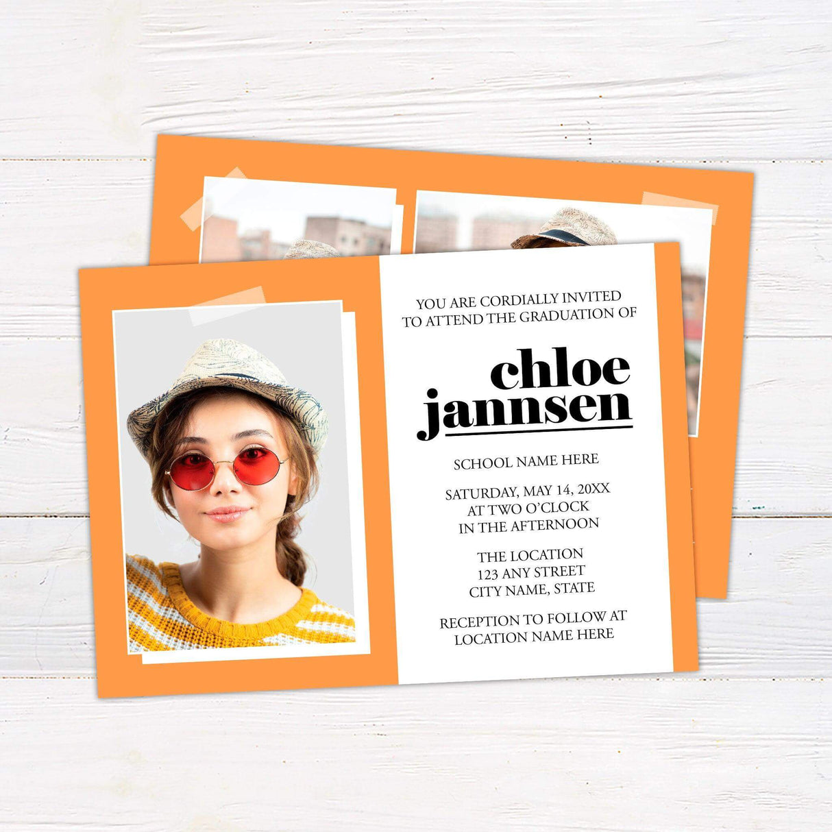 Custom graduation invitation with a modern color block design. The front features one photo on the left and graduation details on the right, with the graduate's name in bold lowercase letters. The back includes two additional photos in a color block layout with "Class of 2025" in the bottom right corner. Front Orange.