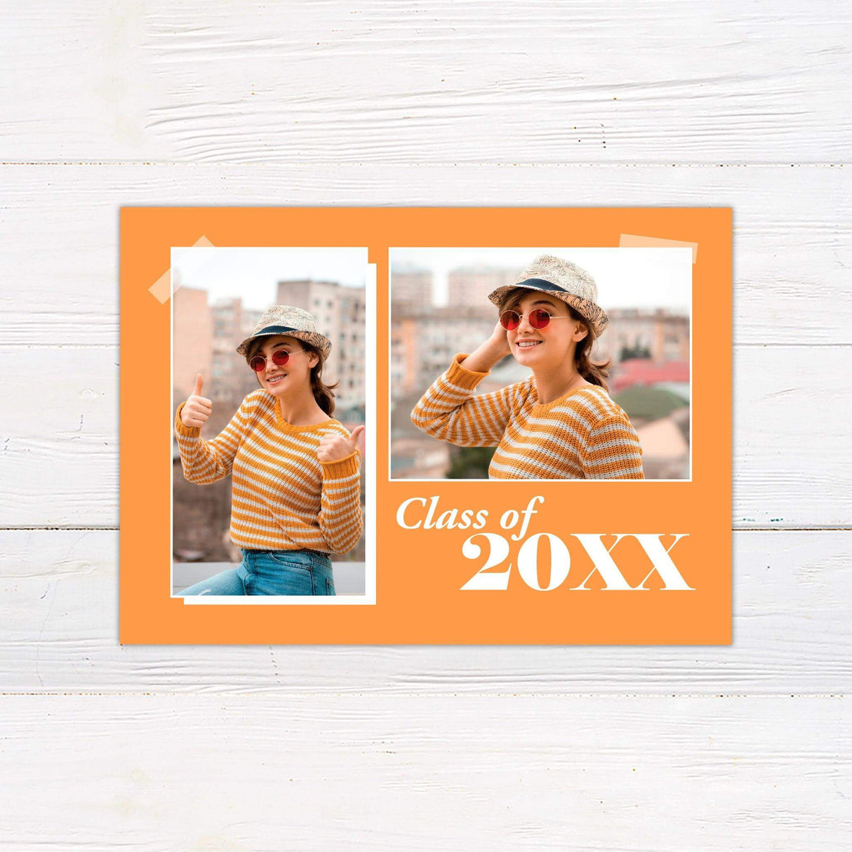 Custom graduation invitation with a modern color block design. The front features one photo on the left and graduation details on the right, with the graduate's name in bold lowercase letters. The back includes two additional photos in a color block layout with "Class of 2025" in the bottom right corner. Orange.
