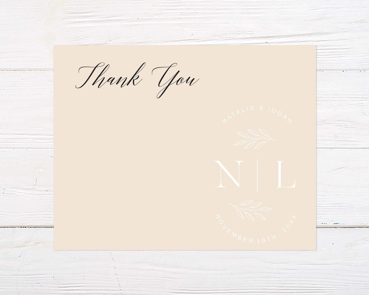 A custom color wedding shower thank you card with elegant black and white script text. The design features a simple background and formal layout leaving space to write a thoughtful thank you message to guests.