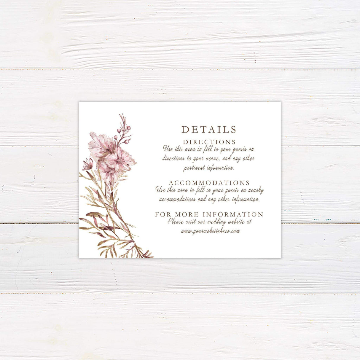 A details card features elegant watercolor floral arrangements in muted pink and brown tones framing the text. The typography is a mix of serif and script fonts, creating a sophisticated and romantic feel. Event details, including the date, time, and venue, are clearly displayed in a balanced layout. This design exudes timeless elegance, making it perfect for vintage, boho, or garden-inspired wedding celebrations.