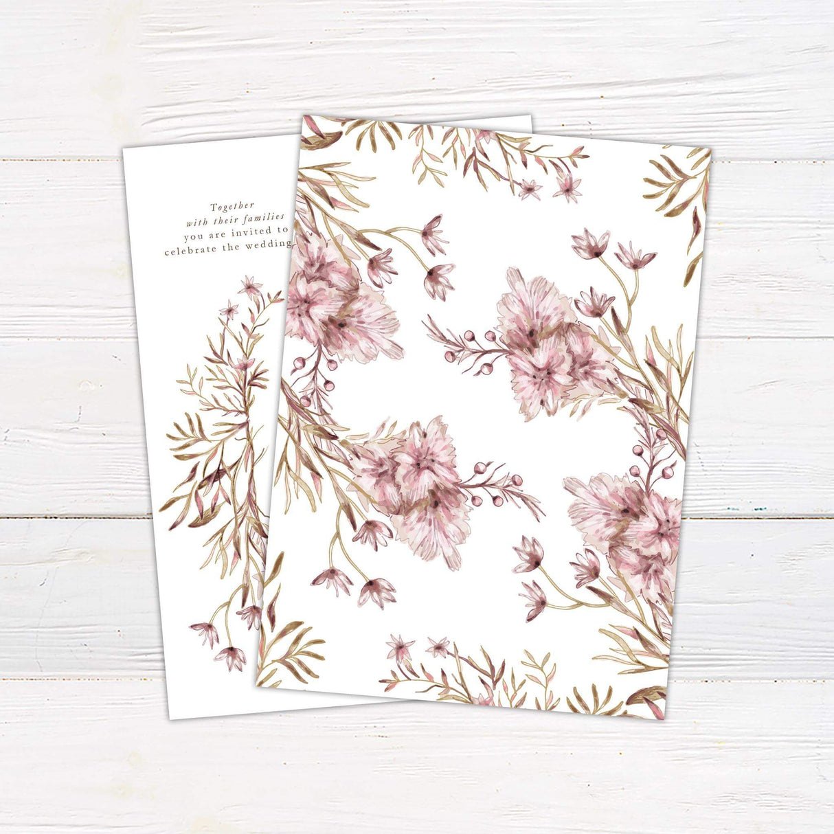 A wedding invitation features elegant watercolor floral arrangements in muted pink and brown tones framing the text. The typography is a mix of serif and script fonts, creating a sophisticated and romantic feel. Event details, including the date, time, and venue, are clearly displayed in a balanced layout. This design exudes timeless elegance, making it perfect for vintage, boho, or garden-inspired wedding celebrations. Back