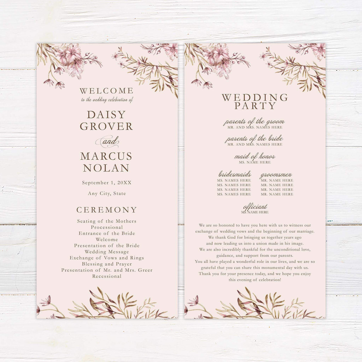 A program features elegant watercolor floral arrangements in muted pink and brown tones framing the text. The typography is a mix of serif and script fonts, creating a sophisticated and romantic feel. Event details, including the date, time, and venue, are clearly displayed in a balanced layout. This design exudes timeless elegance, making it perfect for vintage, boho, or garden-inspired event.