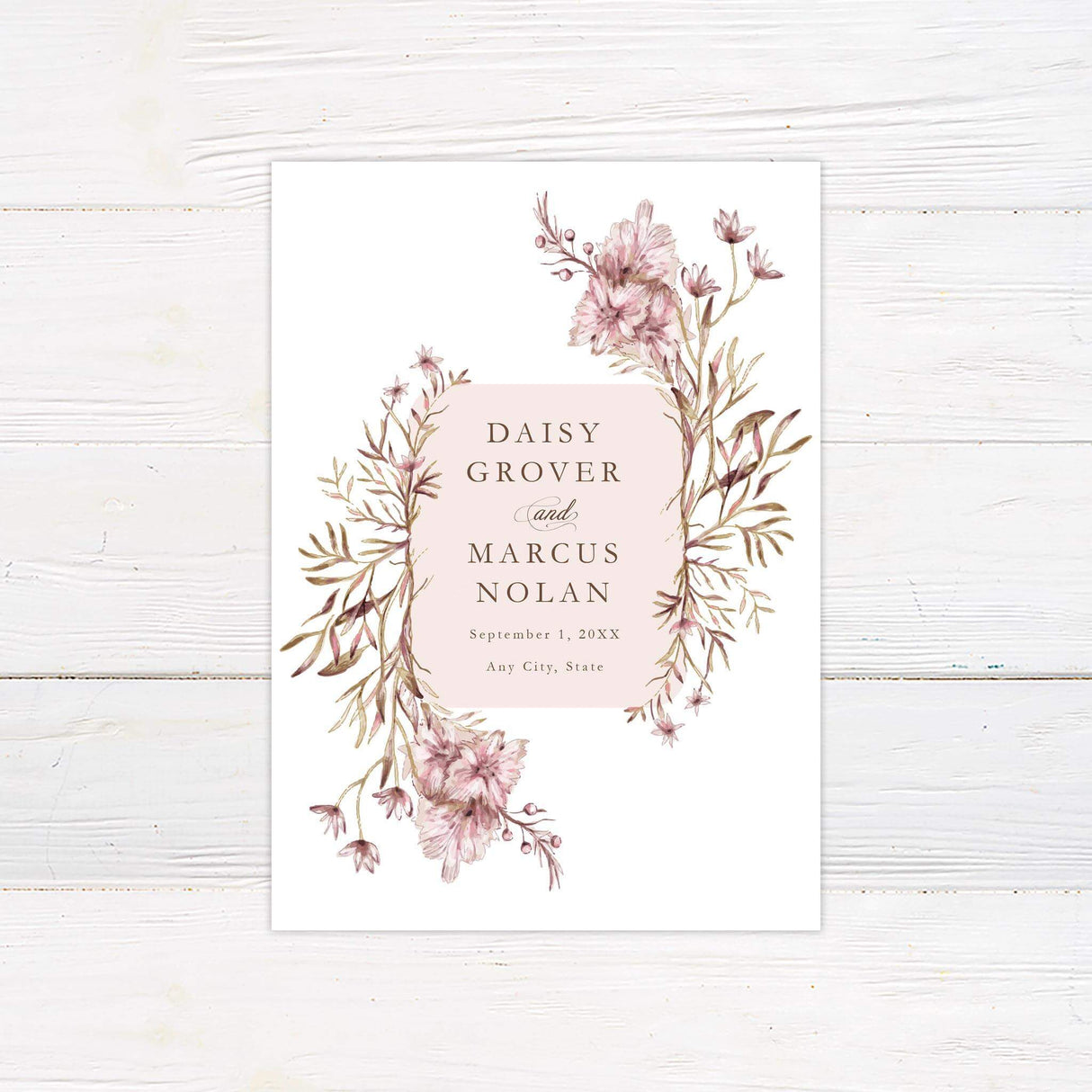 A save the date features elegant watercolor floral arrangements in muted pink and brown tones framing the text. The typography is a mix of serif and script fonts, creating a sophisticated and romantic feel. Event details, including the date, time, and venue, are clearly displayed in a balanced layout. This design exudes timeless elegance, making it perfect for vintage, boho, or garden-inspired wedding celebrations.