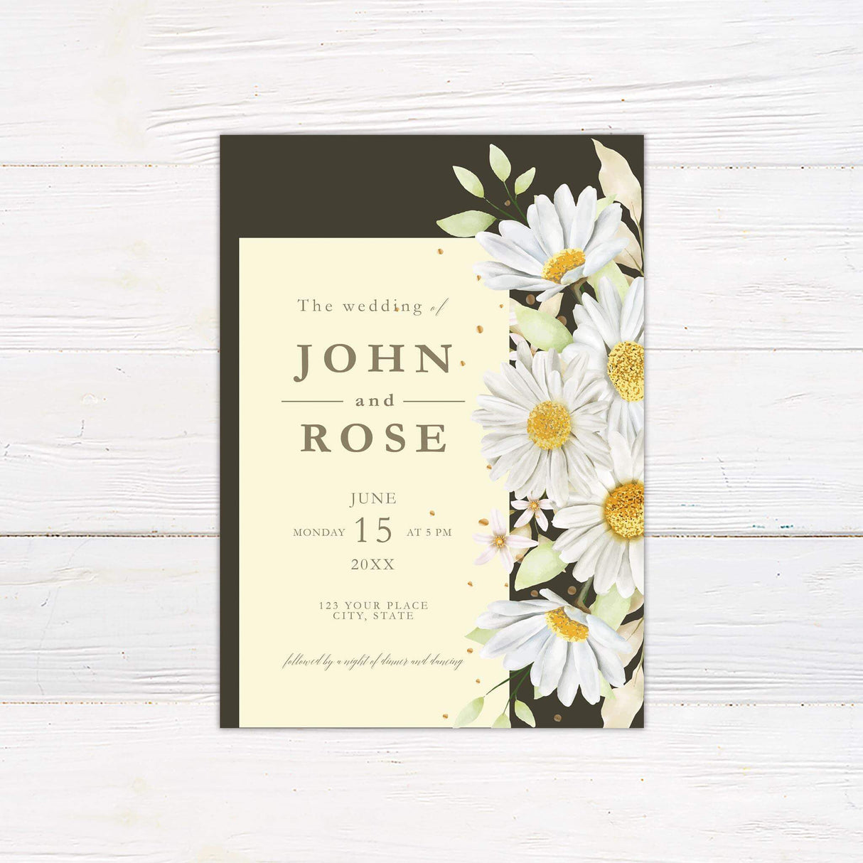 Wedding invitation with white watercolor daisies, dark and cream background, and modern serif and script fonts in a rustic floral layout