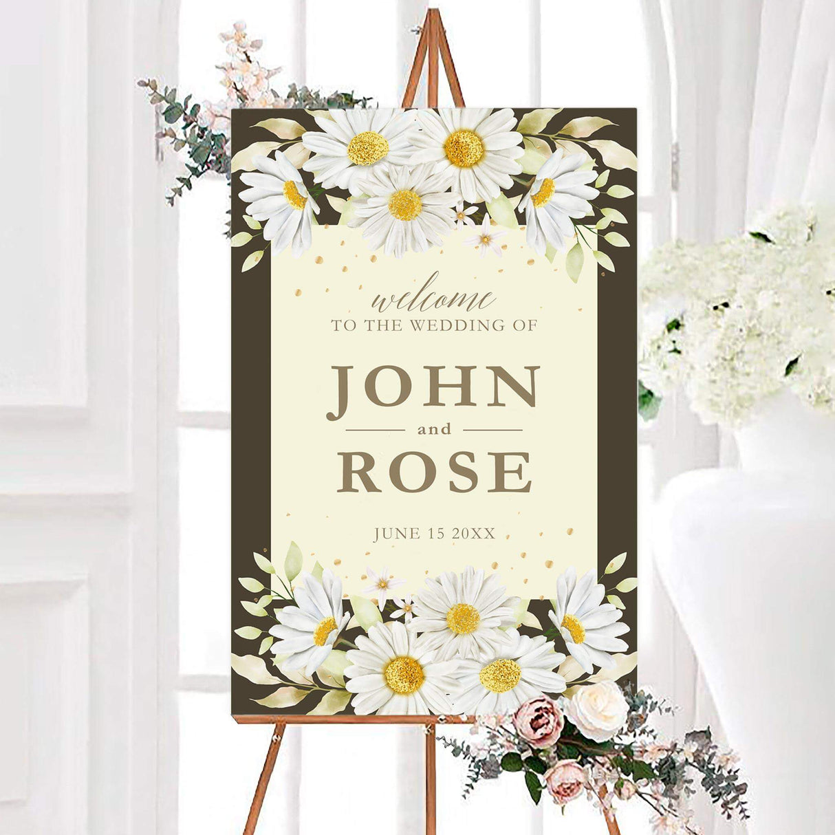 Wedding daisy wedding welcome sign featuring watercolor white daisies, botanical greenery, and warm neutral typography. The floral sign is personalized with the couple’s names and wedding date.