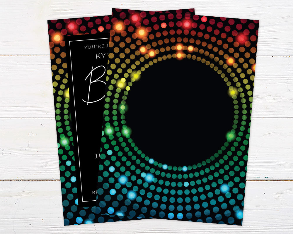 Dance Party birthday invitation with neon multicolor dots on black background.
