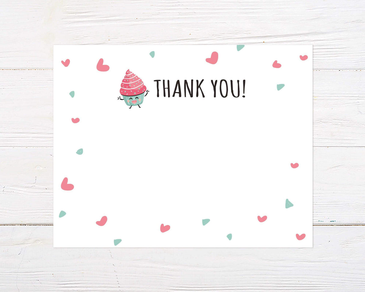 A cute thank-you card design features a happy pink-frosted cupcake character with arms raised. The background is white with scattered pink and mint green heart shapes, creating a fun and cheerful vibe.