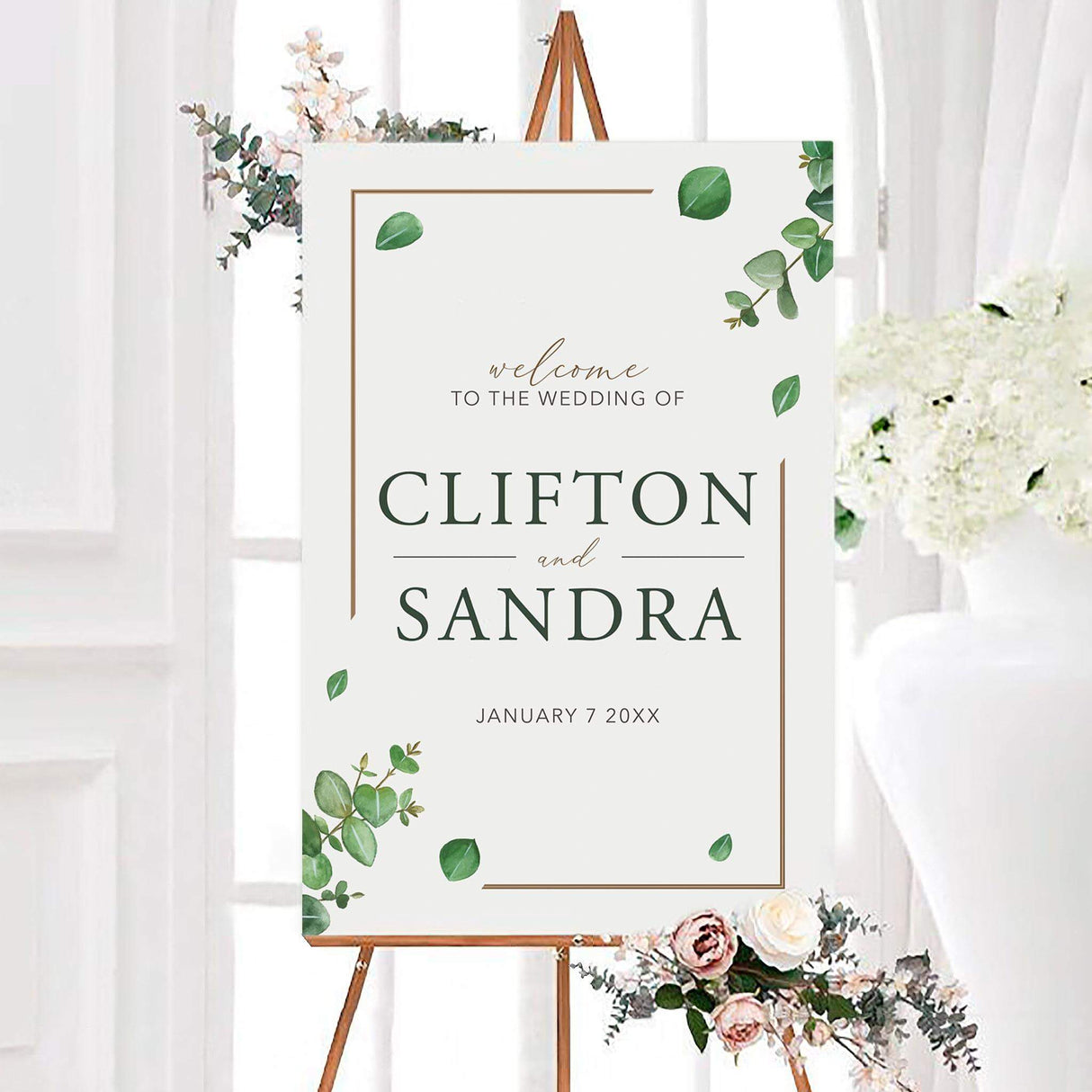 Elegant dark eucalyptus wedding welcome sign featuring watercolor eucalyptus greenery, classic typography, and delicate neutral border accents. The sign is personalized with the couple’s names and wedding date.